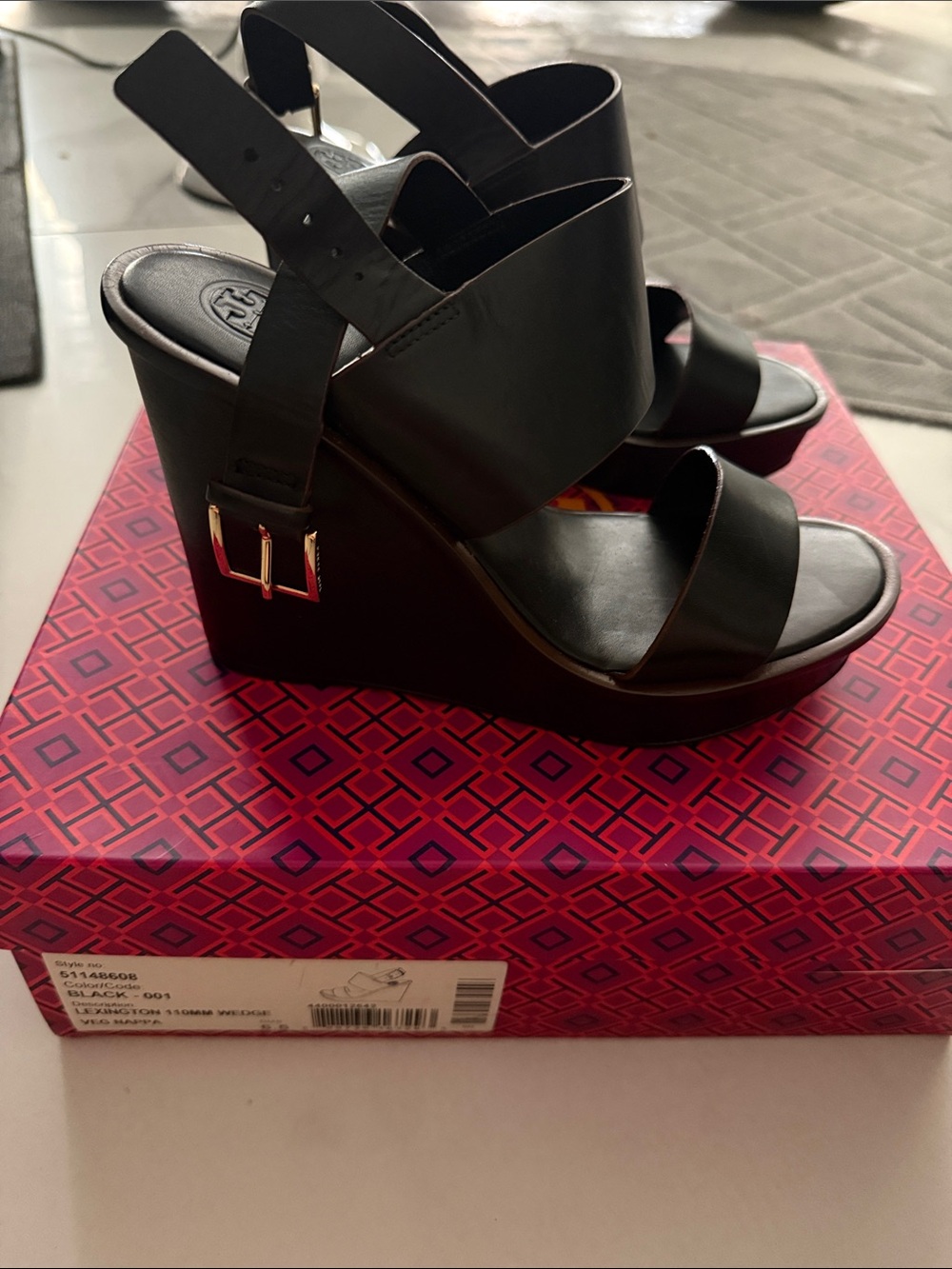 Tory Burch Black Leather Wedge Sandals NWT